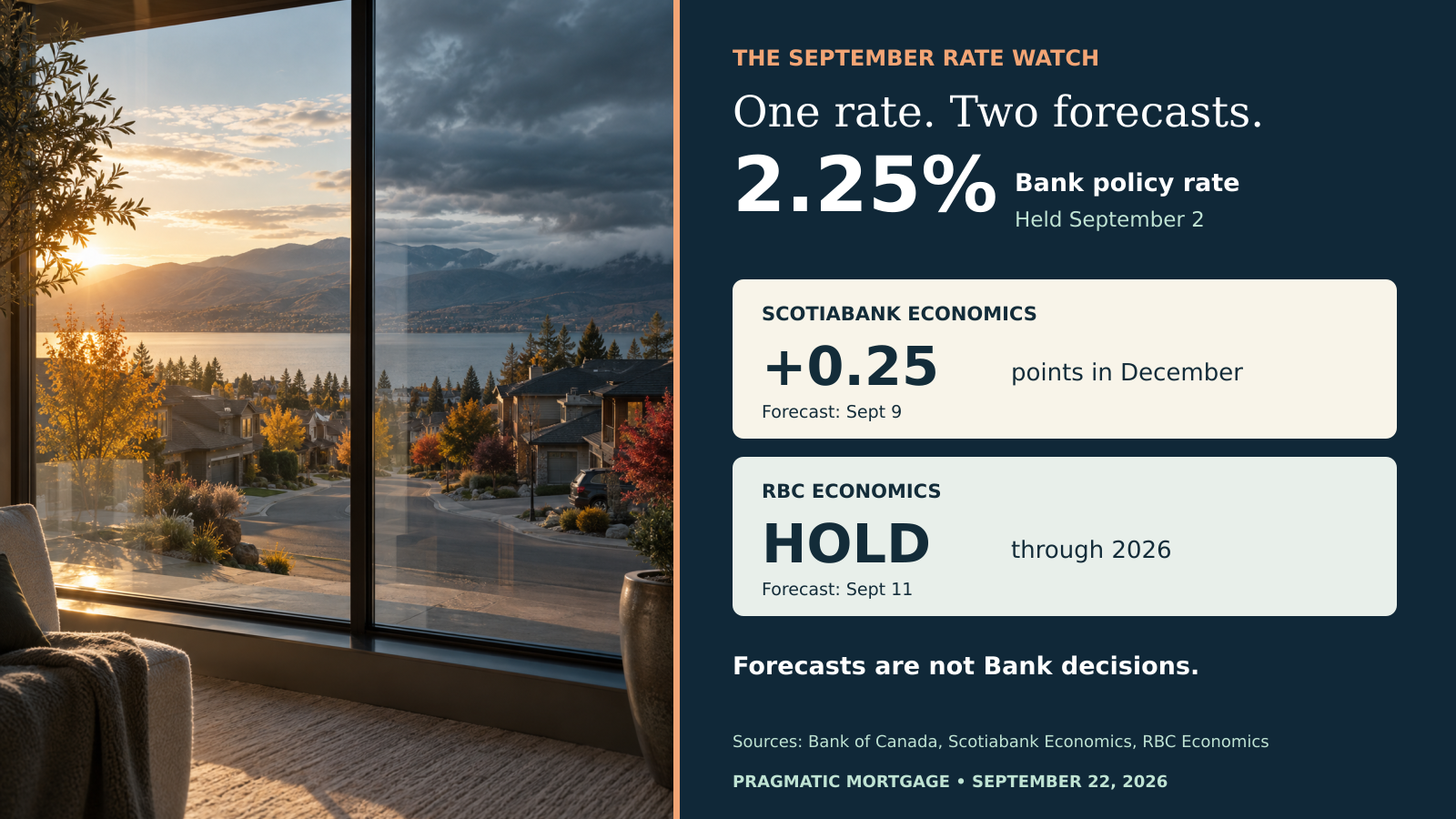 Visual comparison: Bank of Canada policy rate held at 2.25%, Scotiabank Economics forecasts a quarter-point December rise, and RBC Economics expects a 2026 hold. Forecast dates are labeled.