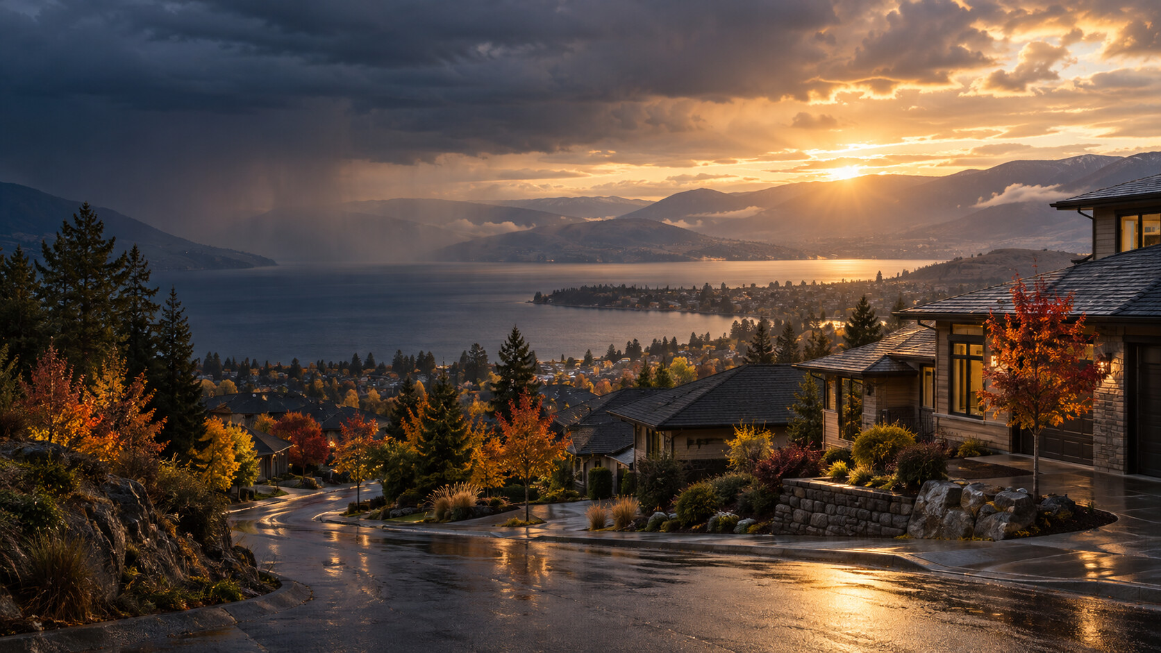 AI-generated editorial scene of an Okanagan neighbourhood as an autumn storm clears; illustrative, not an identified property.