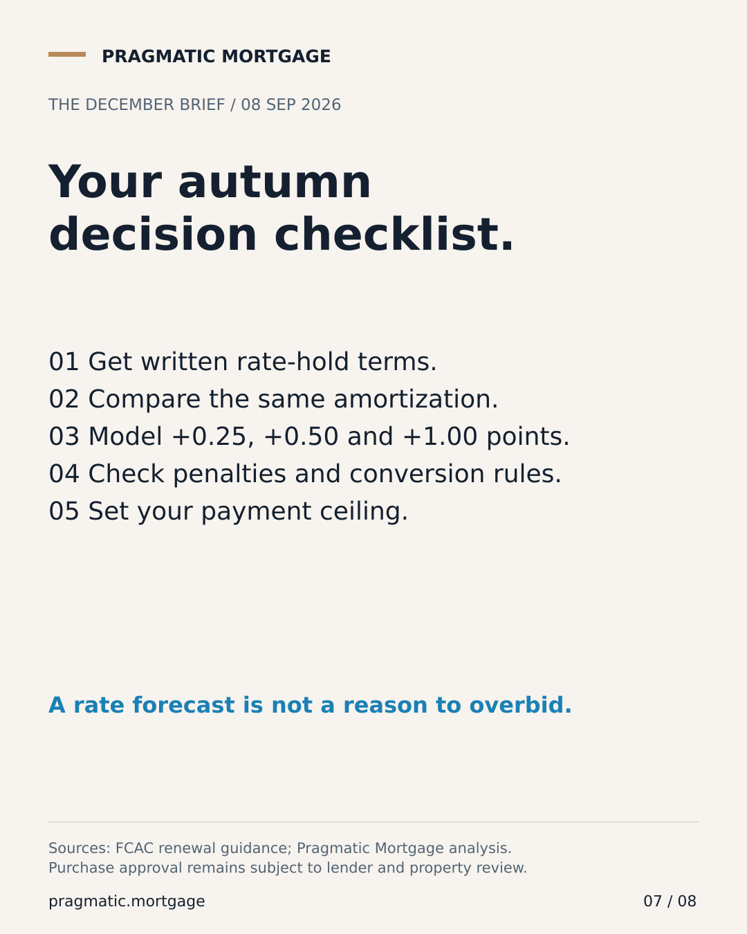 Mortgage planning checklist for a renewal or home purchase. Compare actual offers, contract terms and higher-rate scenarios.